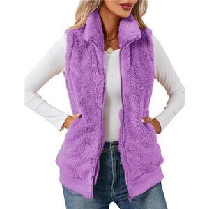 New Womens Fuzzy Fleece Vest, Casual Warm Sleeveless Zip Up Sherpa Vest